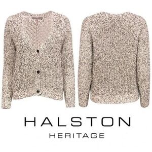 Halston Heritage Beige & Black Heathered Knit Button Front V-Neck Cardigan Small